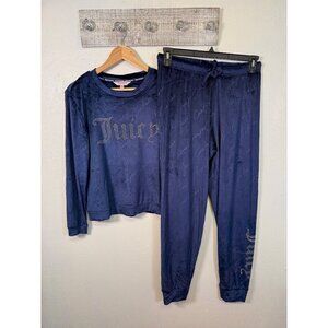 Juicy Couture Women’s Velour Pj Set / Loungewear Medium Rich Blue Rhinestones